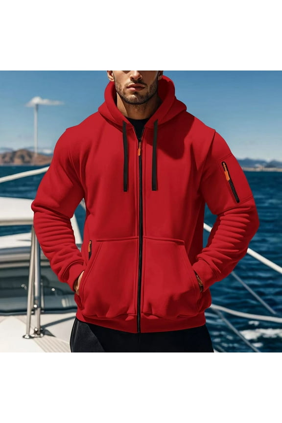 Cotton Zip Up Hoodies for Men with Zipper Pockets Long Sleeve Drawstring Hooded Sweatshirt Jacket Sports Coat (XL, Red)