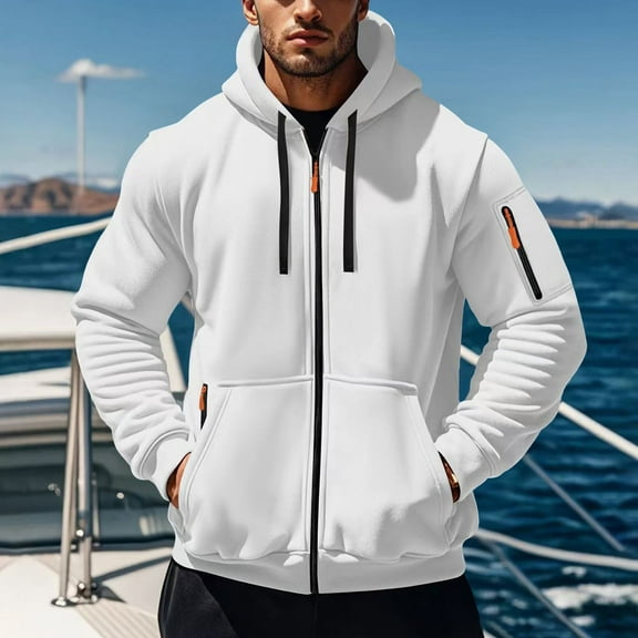 Cotton Zip Up Hoodies for Men with Zipper Pockets Long Sleeve Drawstring Hooded Sweatshirt Jacket Sports Coat (XL, White)