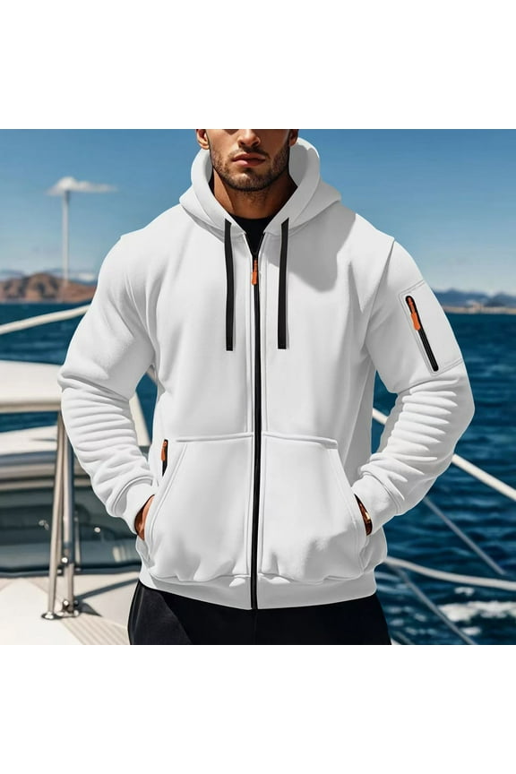 Cotton Zip Up Hoodies for Men with Zipper Pockets Long Sleeve Drawstring Hooded Sweatshirt Jacket Sports Coat (XL, White)