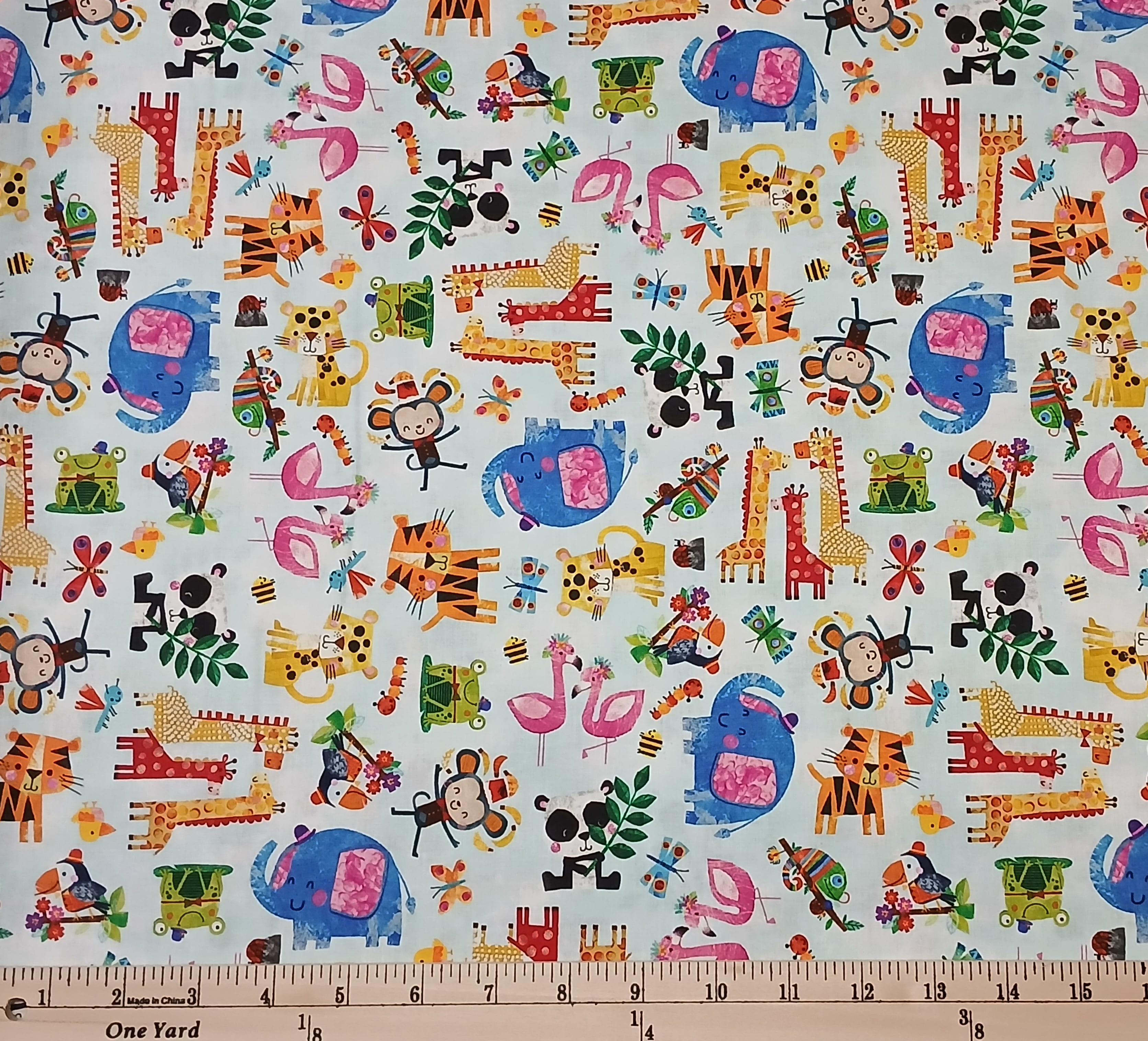 Cotton Zoo Crew Characters Jungle Safari Animals Kids Children Monkeys Elephants Blank Quilting Aqua Cotton Fabric Print by the Yard (3865-11)