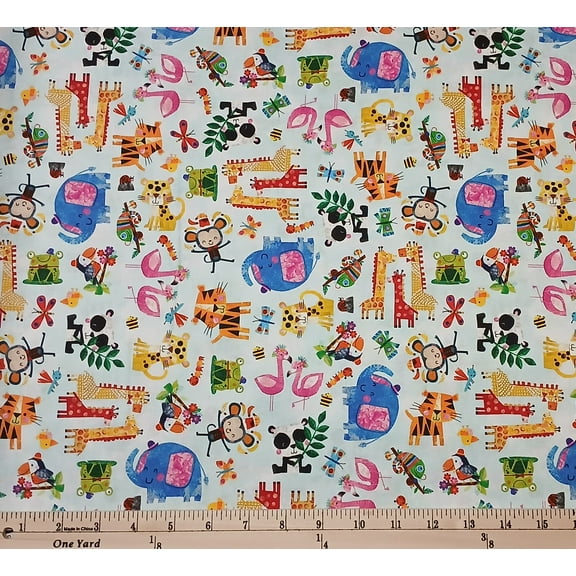 Cotton Zoo Crew Characters Jungle Safari Animals Kids Children Monkeys Elephants Blank Quilting Aqua Cotton Fabric Print by the Yard (3865-11)