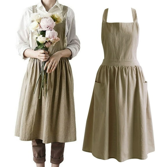 Cotton and Line Kitchen Cooking Aprons Dress for Women with Pockets Cute for Baking Painting Gardening Cleaning,Khaki