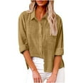 thumbnail image 1 of Cotton and Linen Button Down Shirts for Women Lapel V Neck Long Sleeve Casual Blouse Dressy Tunic Tops Plain Tees with Pocket, 1 of 5
