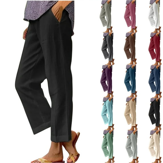 Cotton and Linen Casual Pants for Womens Plus Size Solid Color Elastic Waist Cotton Straight Leg Casual Pants Up to 65% off!