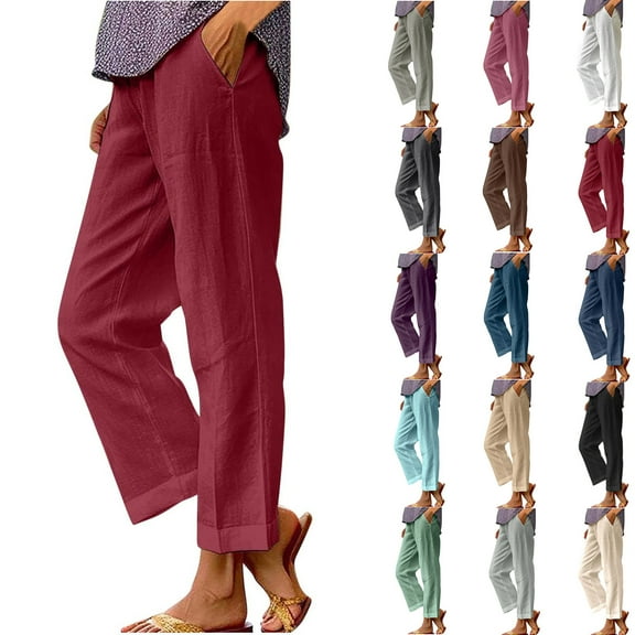 Cotton and Linen Casual Pants for Womens Plus Size Solid Color Elastic Waist Versatile Straight Tube Casual Wide Leg Pants Up to 65% off!