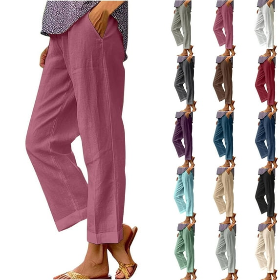 Cotton and Linen Casual Pants for Womens Plus Size Solid Color Elastic Waist Versatile Straight Tube Casual Wide Leg Pants Up to 65% off!