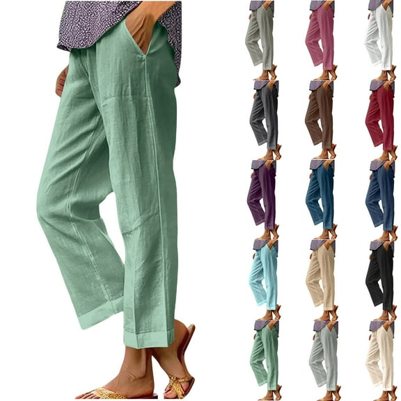 Cotton and Linen Casual Pants for Womens Plus Size Solid Color Elastic Waist Versatile Straight Tube Casual Wide Leg Pants Up to 65% off!