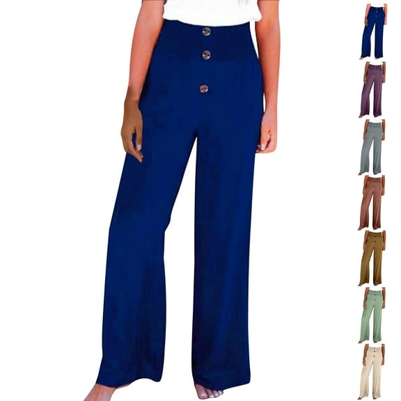 Cotton and Linen Casual Pants for Womens Plus Size Solid Color Pants Comfortable Elastic High Waist Wide Leg Casual Loose Beach Pants Up to 65% off!