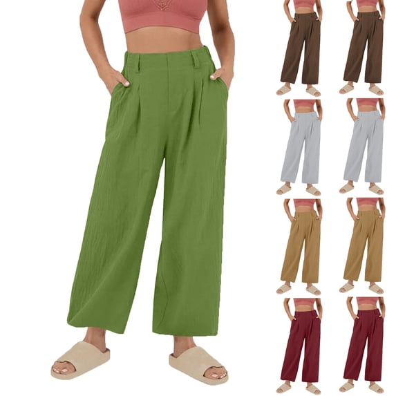 Cotton and Linen Casual Pants for Womens Plus Size Solid Color Pocket Elastic Waist Loose Casual Wide Leg Pants Up to 65% off!