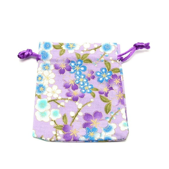Cotton and Linen Cloth Packing Pouches Drawstring Bag Rectangle with Sakura Pattern Lilac 10x8x0.25cm