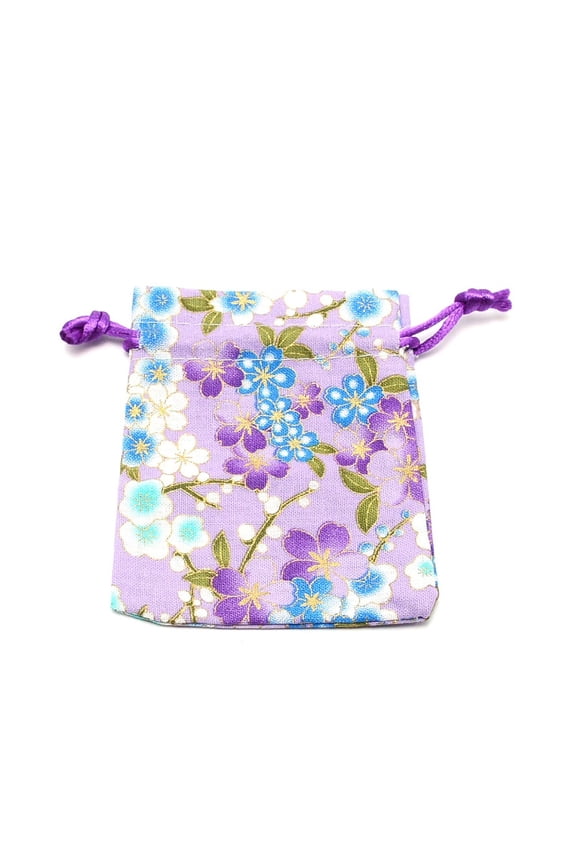 Cotton and Linen Cloth Packing Pouches Drawstring Bag Rectangle with Sakura Pattern Lilac 10x8x0.25cm