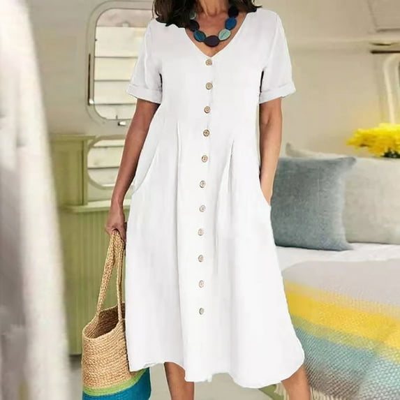 Cotton and Linen Dress for Women Summer Casual V-Neck Solid Short Sleeve Button Dress with Pocket