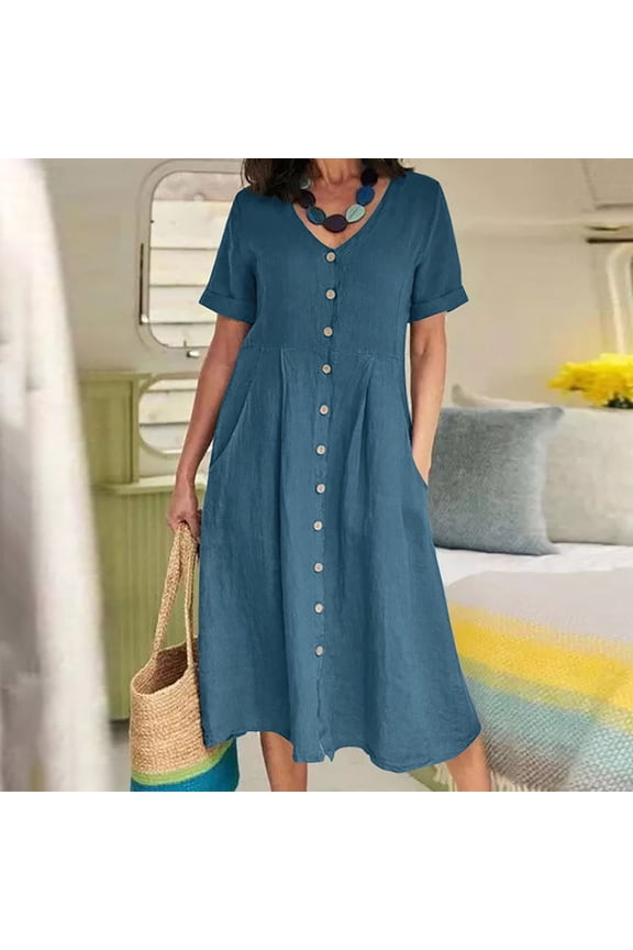 Cotton and Linen Dress for Women Summer Casual V-Neck Solid Short Sleeve Button Dress with Pocket
