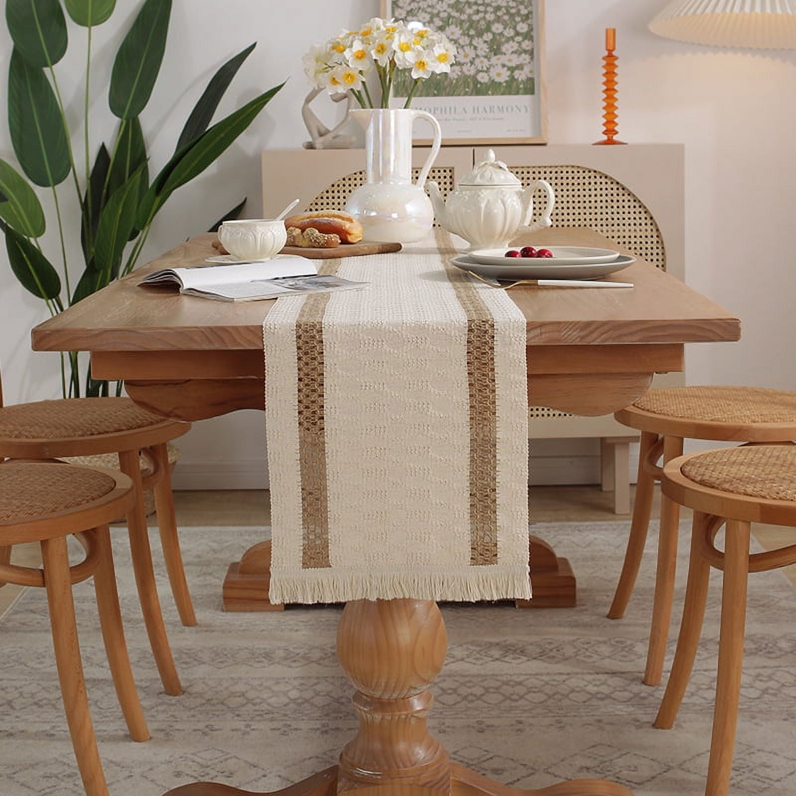 Cotton and Linen Splicing Table Flag Home Twocolor Woven Tassel