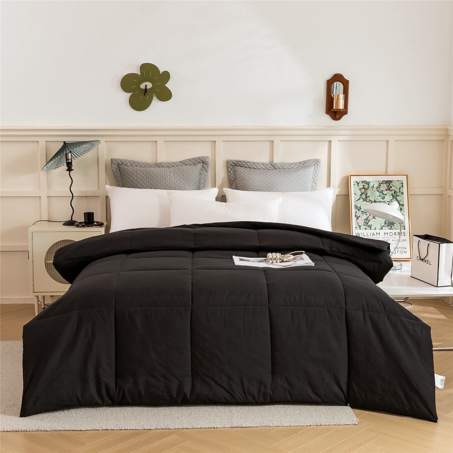 DBOZE Reversible Comforter, All-Season Lightweight Cotton Blend, Hypoallergenic Down Alternative Fill, Breathable & Box-Stitched Design(Black,King)