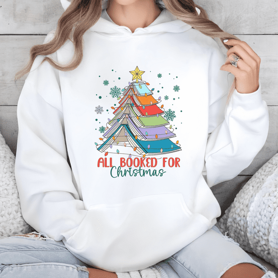 Cotton comfortable Christmas cute book with star and snowflake patterns Hooded long-sleeved White,S-2XL