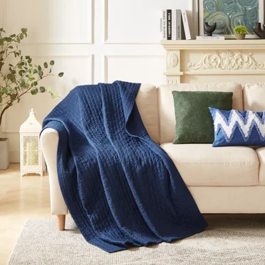 Cotton exquisite Cross Stitching design Throw, Lightweight Blanket, 50x60inch, Blue