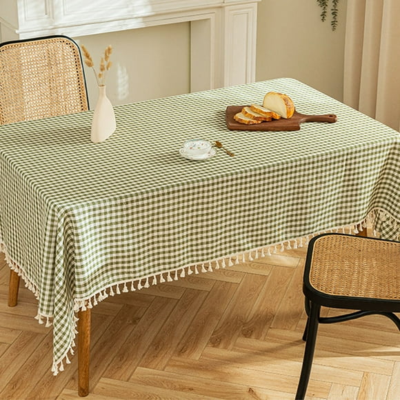 Cotton and hemp Checkered tassel Lace Rectangular Pastoral Tablecloth for Farmhouse Kitchen Dining Room Decoration (Rectangle/rectangle, 55x70in) - Light green