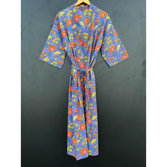 Cotton kimono Robe Dressing Gown, Block Print Bridesmaid Robe, Summer Nightwear, one Size Robe , Handmade Cotton Robe, Crown Print Robe