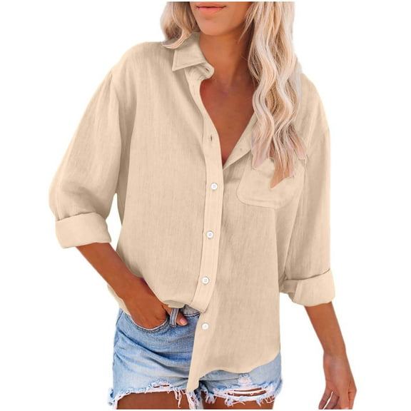 Cotton linen Womens Shirts Tops Button Up V Neck Roll Up 3/4 Length Sleeve Pocket Business Casual Solid Color Office Work Tunic Tops,Khaki,XL
