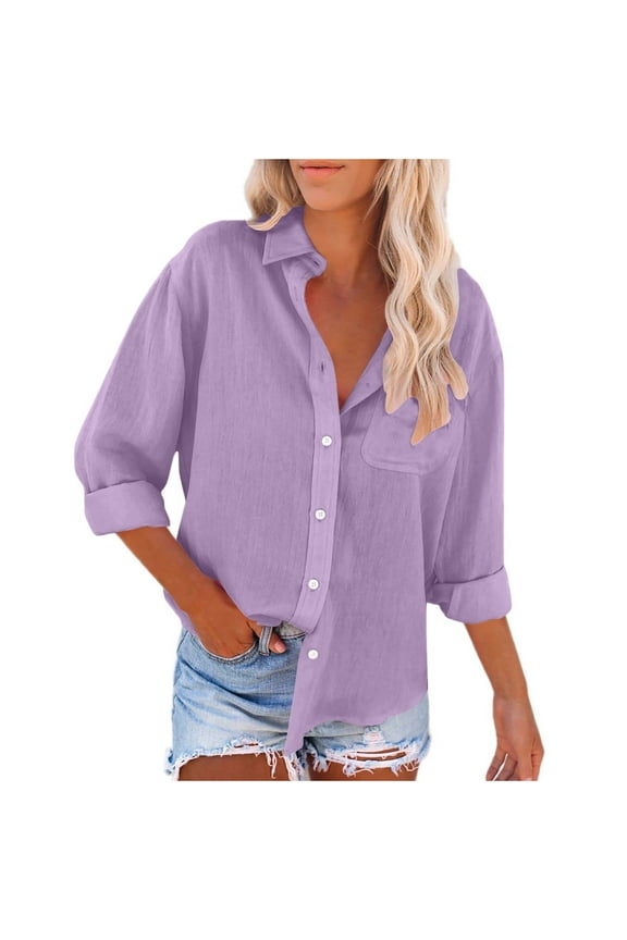 Cotton linen Womens Shirts Tops Button Up V Neck Roll Up 3/4 Length Sleeve Pocket Business Casual Solid Color Office Work Tunic Tops,Purple,S