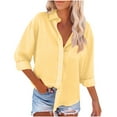 thumbnail image 1 of Cotton linen Womens Shirts Tops Button Up V Neck Roll Up 3/4 Length Sleeve Pocket Business Casual Solid Color Office Work Tunic Tops,Yellow,M, 1 of 4