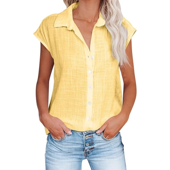 Cotton linen shirts for women Button Down Short Sleeve Tops V Neck Casual Loose Fit Blouses Solid Summer Beach Blouses Tops Casual Clothes