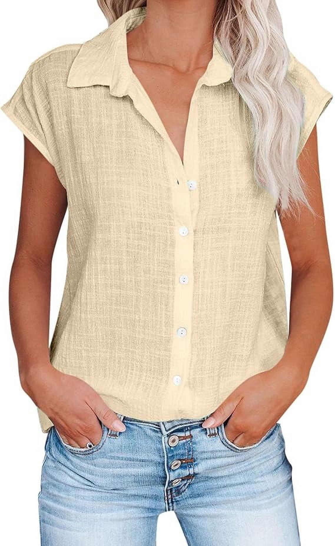 Cotton linen shirts for women Button Down Short Sleeve Tops V Neck ...