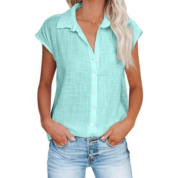 Cotton linen shirts for women Button Down Short Sleeve Tops V Neck Casual Loose Fit Blouses Solid Summer Beach Blouses Tops Casual Clothes