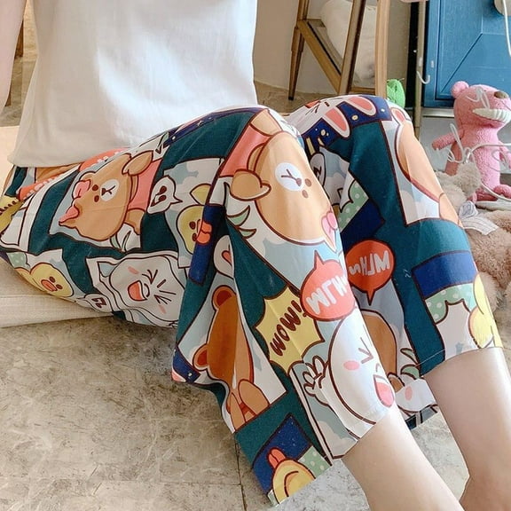 Cotton silk pajama pants women's summer thin cartoon print casual wide-leg pants burst pants