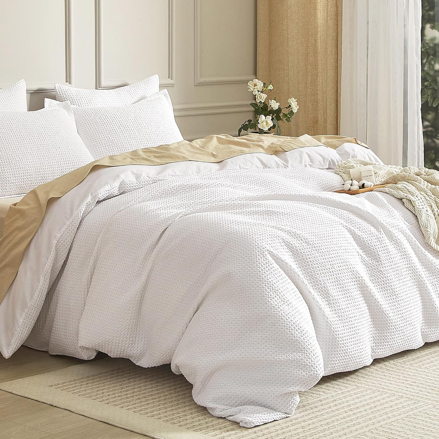 Cotton waffle weave duvet cover (King size), 100% pure cotton waffle weave bed sheet duvet cover set, soft and breathable all-season quilt cover, including 3 pillowcases