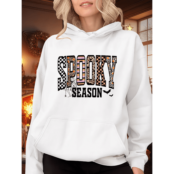 Cotton women casual and fashionable long-sleeved with a Halloween Spooky Season Graphic White,S-2XL