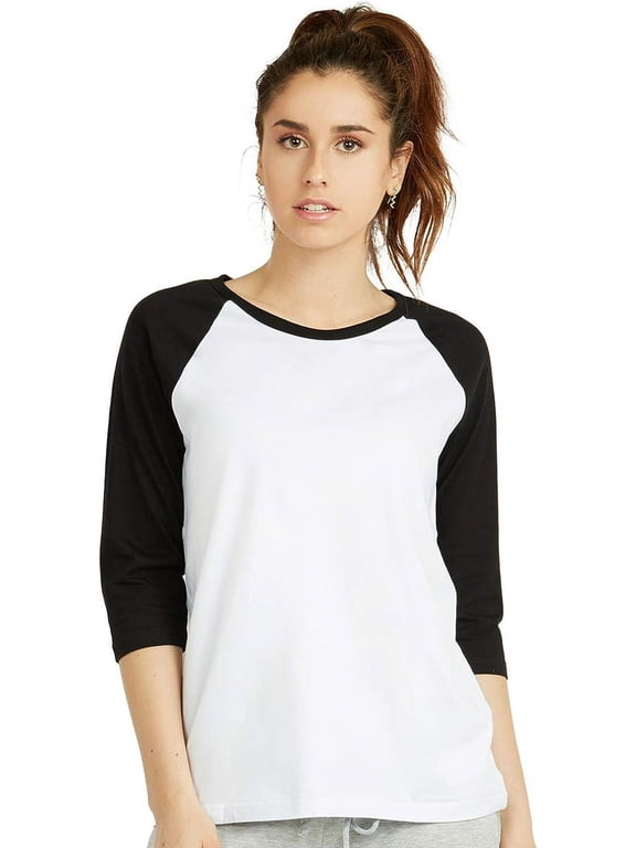 Cottonbell Women's Baseball Quarter Sleeve Tee Shirt Small White/Black