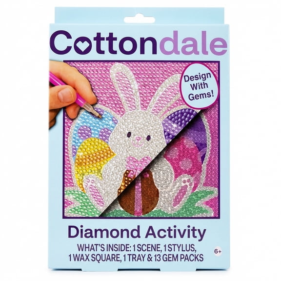 Cottondale Diamond Activity Gem Art Kit Easter Bunny DIY Craft Set For Kids 6+, 1 Scene, 1 Stylus, 1 Wax Square, 1 Tray & 13 Gem Packs