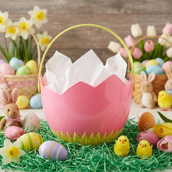Cottondale Pink Cracked Egg Easter Basket 8.6" Plastic Spring Candy Pail Bucket