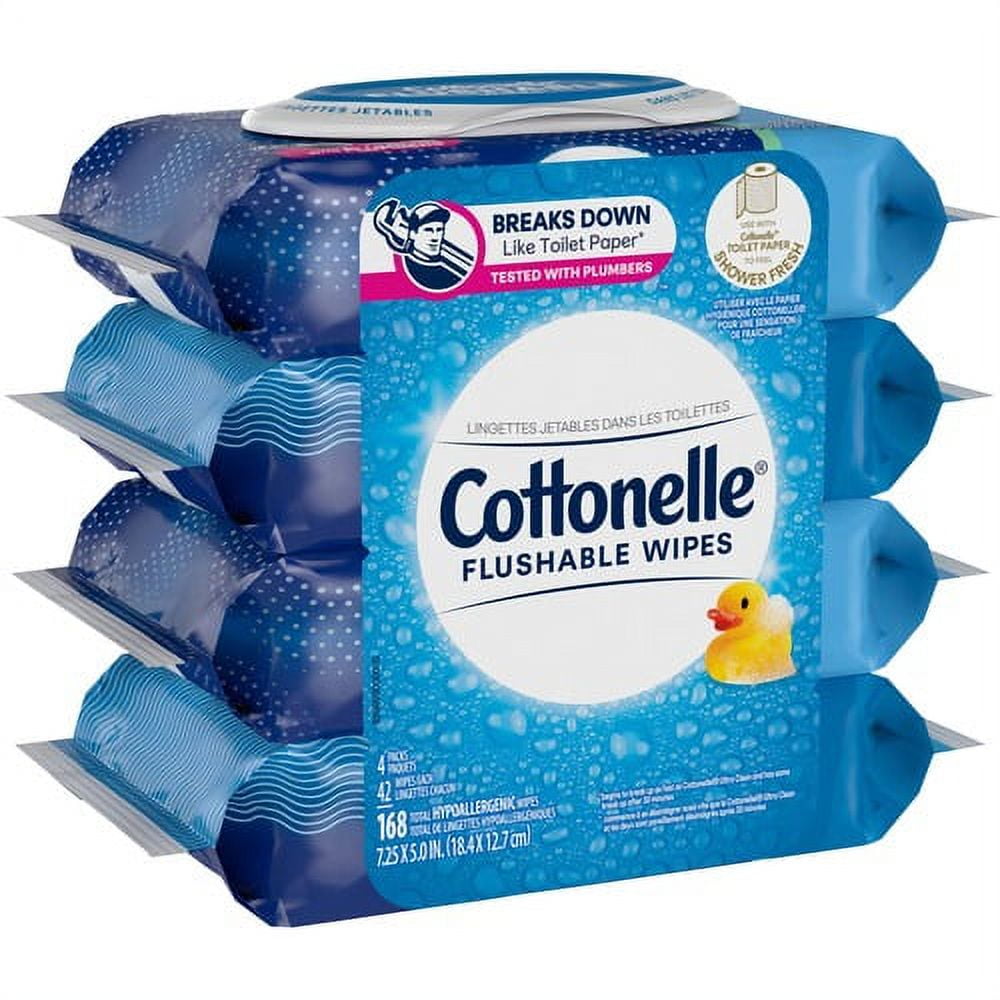 Cottonelle Flushable Wipes - 7.25" - White - Fiber - Flushable, Anti-bacterial, Sewer-safe, Septic Safe, Biodegradable, Alcohol-free - For Toilet, Bathroom - 4 Per Carton - 1 Ea | Bundle of 2 Packs