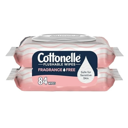 Cottonelle Fragrance Free Sensitive Flushable Wet Wipes,2 Flip-Top 84 Total Wipes