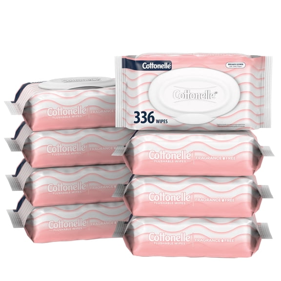 Cottonelle Fragrance Free Flushable Wet Wipes, Adult Wet Wipes, 8 Flip-Top Packs, 42 Wipes Per Pack