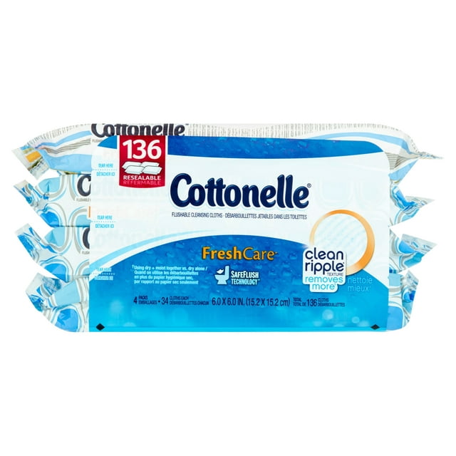 Cottonelle FreshCare Flushable Cleansing Cloths, 136 count, 4 pack