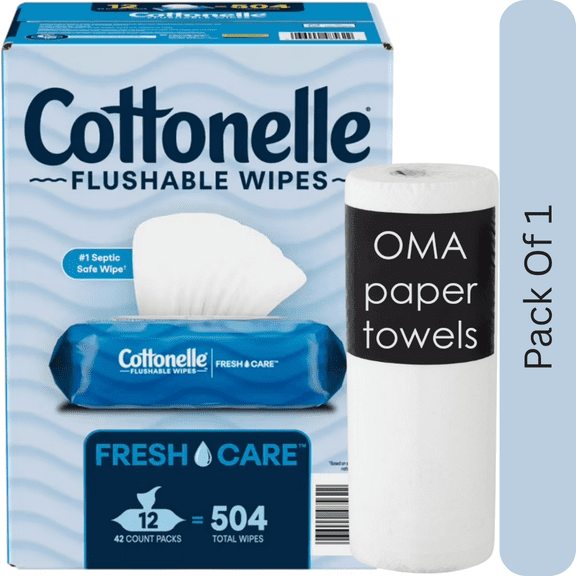 Cottonelle FreshCare Flushable Wipes 12 Flip-Top Packs (504 Wipes)-With Paper Towel By OMA
