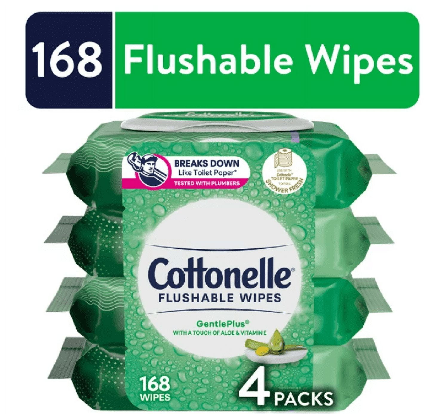 Cottonelle GentlePlus Flushable Wet Wipes, 4 FlipTop Packs (168 Total