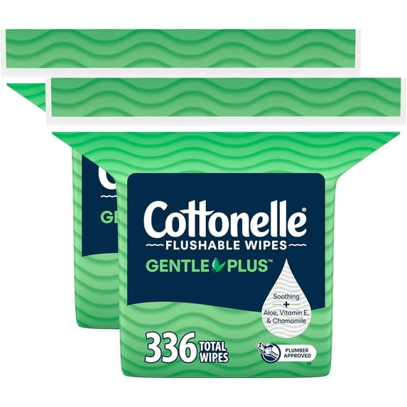 Cottonelle GentlePlus Flushable Wet Wipes with Aloe & Vitamin E, 2 Refill Packs, 168 Wipes Per Pack (336 Total), Packaging May Vary