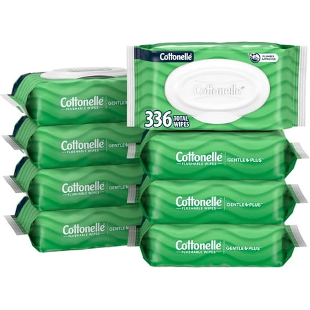 Cottonelle GentlePlus Flushable Wet Wipes with Aloe & Vitamin E, 8 Flip-Top Packs, 42 Wipes Per Pack (336 Total Wipes), Packaging May Vary