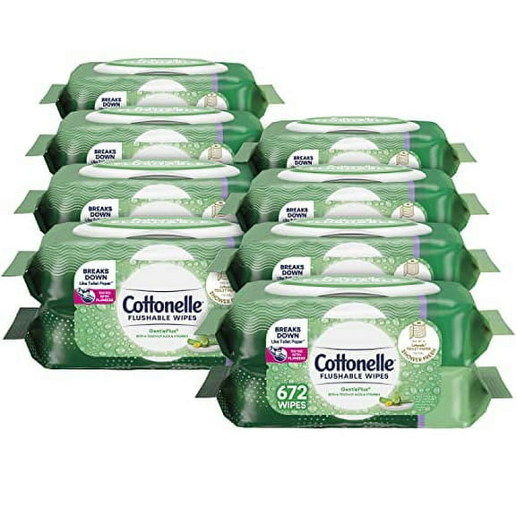 Cottonelle GentlePlus Flushable Wet Wipes with Aloe & Vitamin E, Adult Wet Wipes, 16 Flip-Top Packs (8 Packs of 2), 672 Total Wipes