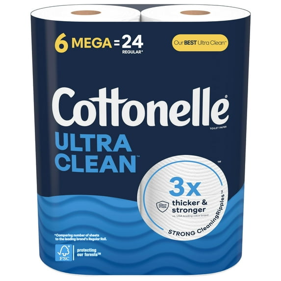Cottonelle Ultra Clean Toilet STF9 Paper, 6 Mega Rolls (6 Mega Rolls = 24 Regular Rolls), 284 Sheets Per Roll, Packaging May Vary
