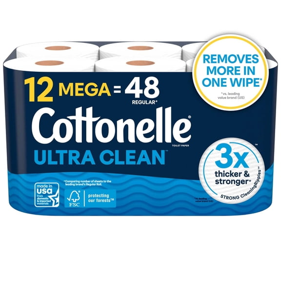 Cottonelle Ultra Clean Toilet Paper, Strong Toilet Tissue, 12 Mega Rolls