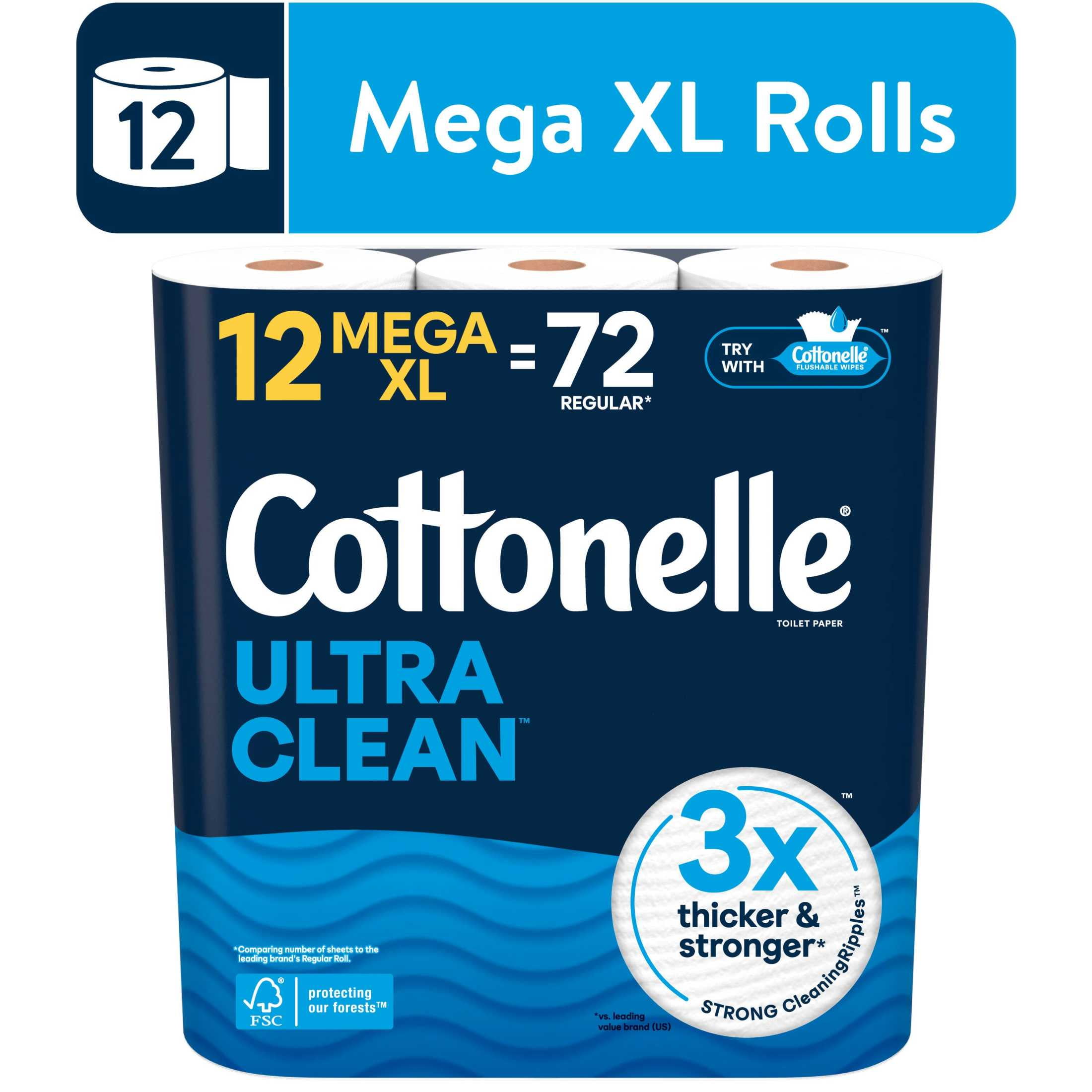 Cottonelle Ultra Clean Toilet Paper, Strong Toilet Tissue, 12 Mega XL Rolls