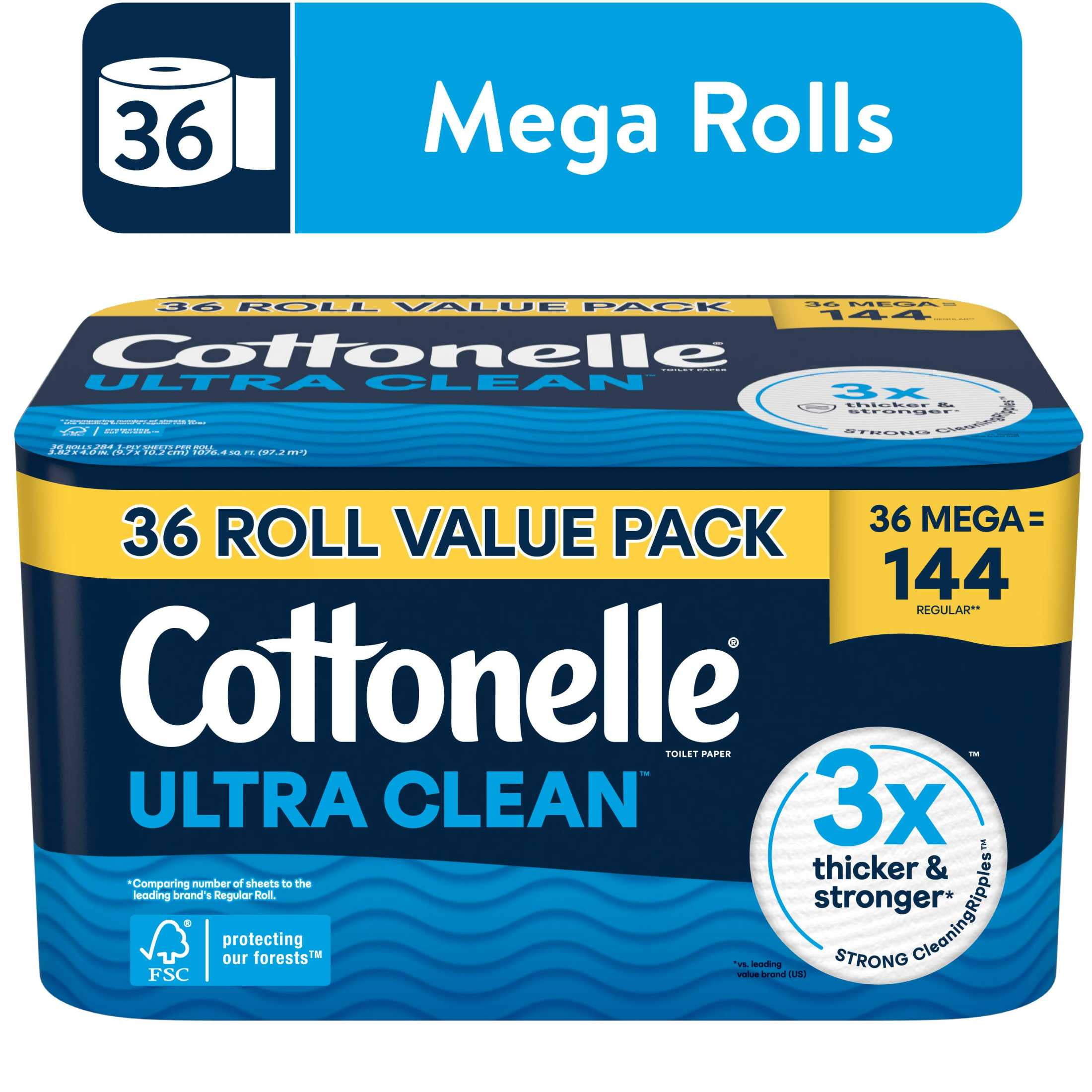 Cottonelle Ultra Clean Toilet Paper, Strong Toilet Tissue, 36 Mega Rolls