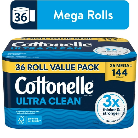 Cottonelle Ultra Clean Toilet Paper, Strong Toilet Tissue, 36 Mega Rolls