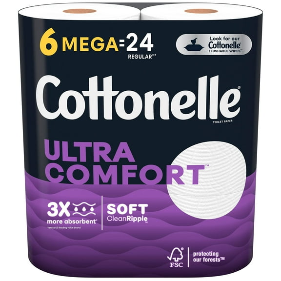 Cottonelle Ultra Comfort Toilet AIF4Paper, Strong Toilet Tissue, 6 Mega Rolls (6 Mega Rolls = 24 Regular Rolls), 268 Sheets per Roll, Packaging May Vary